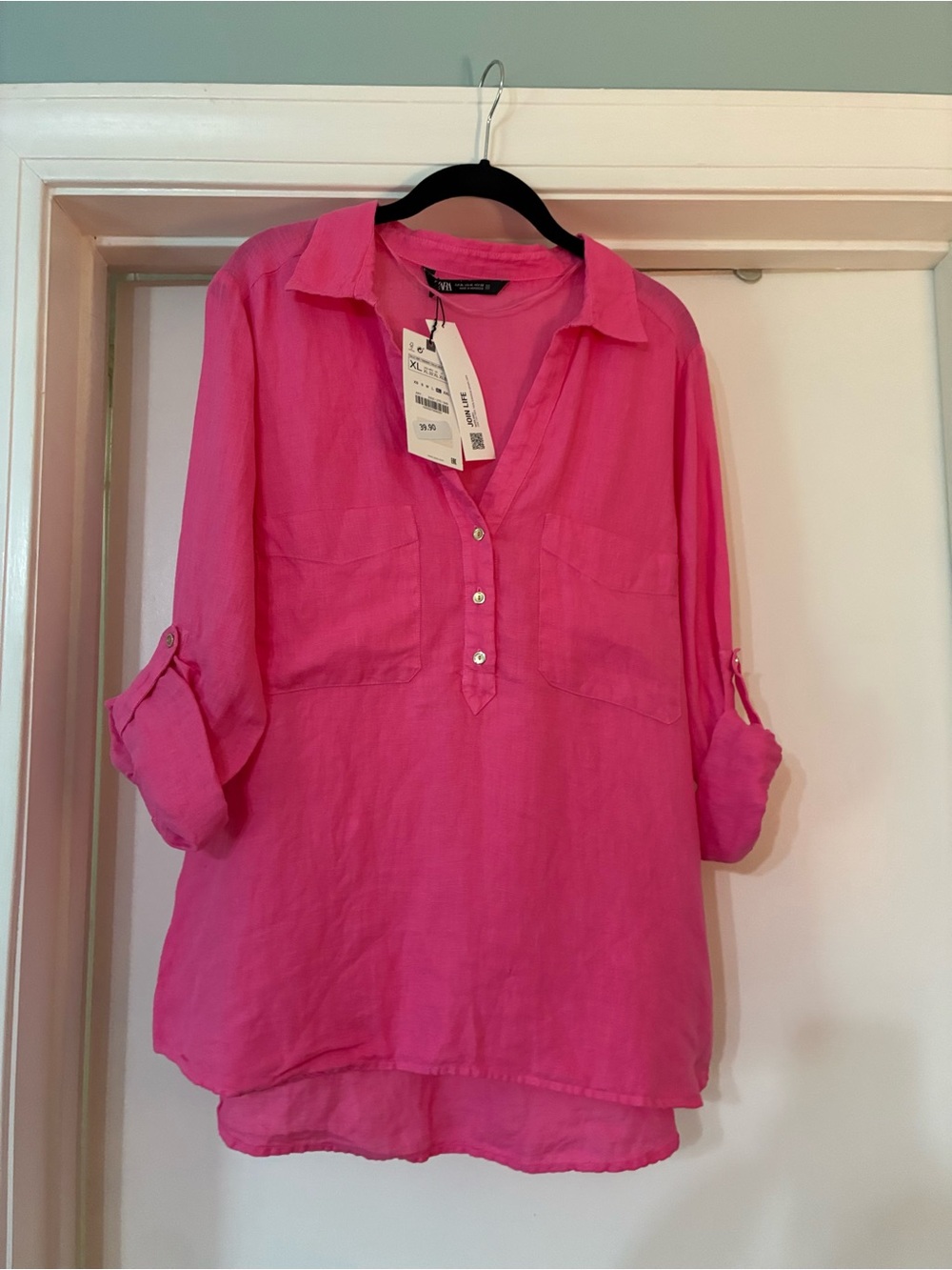 NWT Zara XL pink linen popover shirt